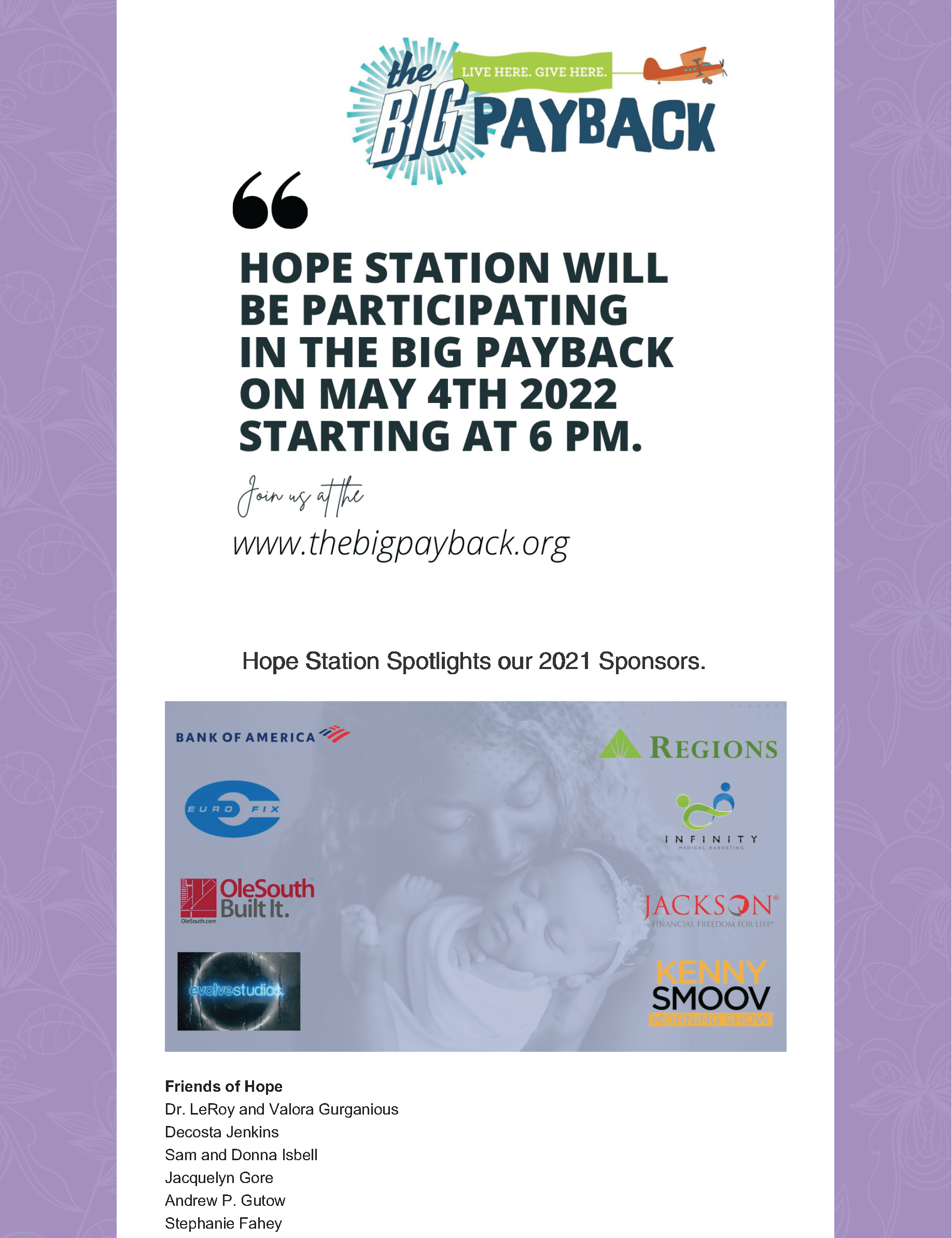 The hope station will be participating in the big payback on may 4th 2022 starting at 6 pm.