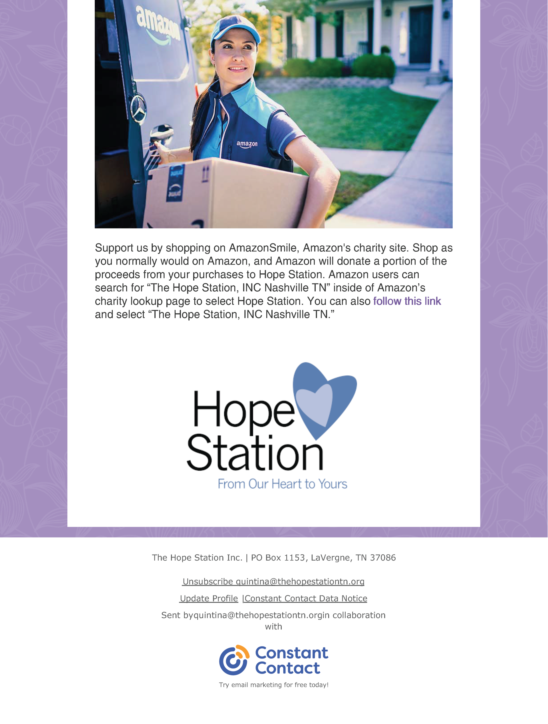 An advertisement for hope station shows a woman carrying a box