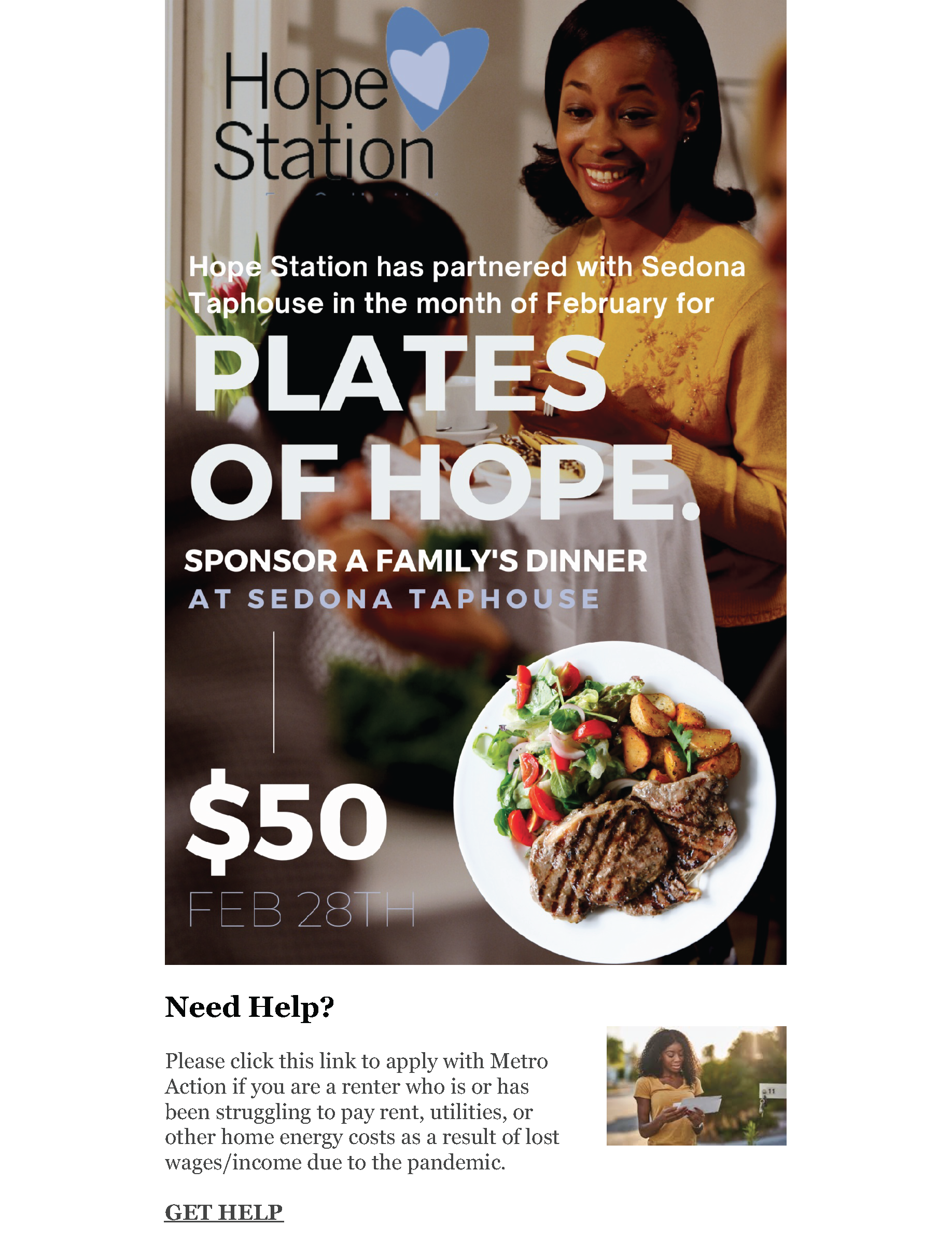 A poster for hope station plates of hope sponsored by a family 's dinner.