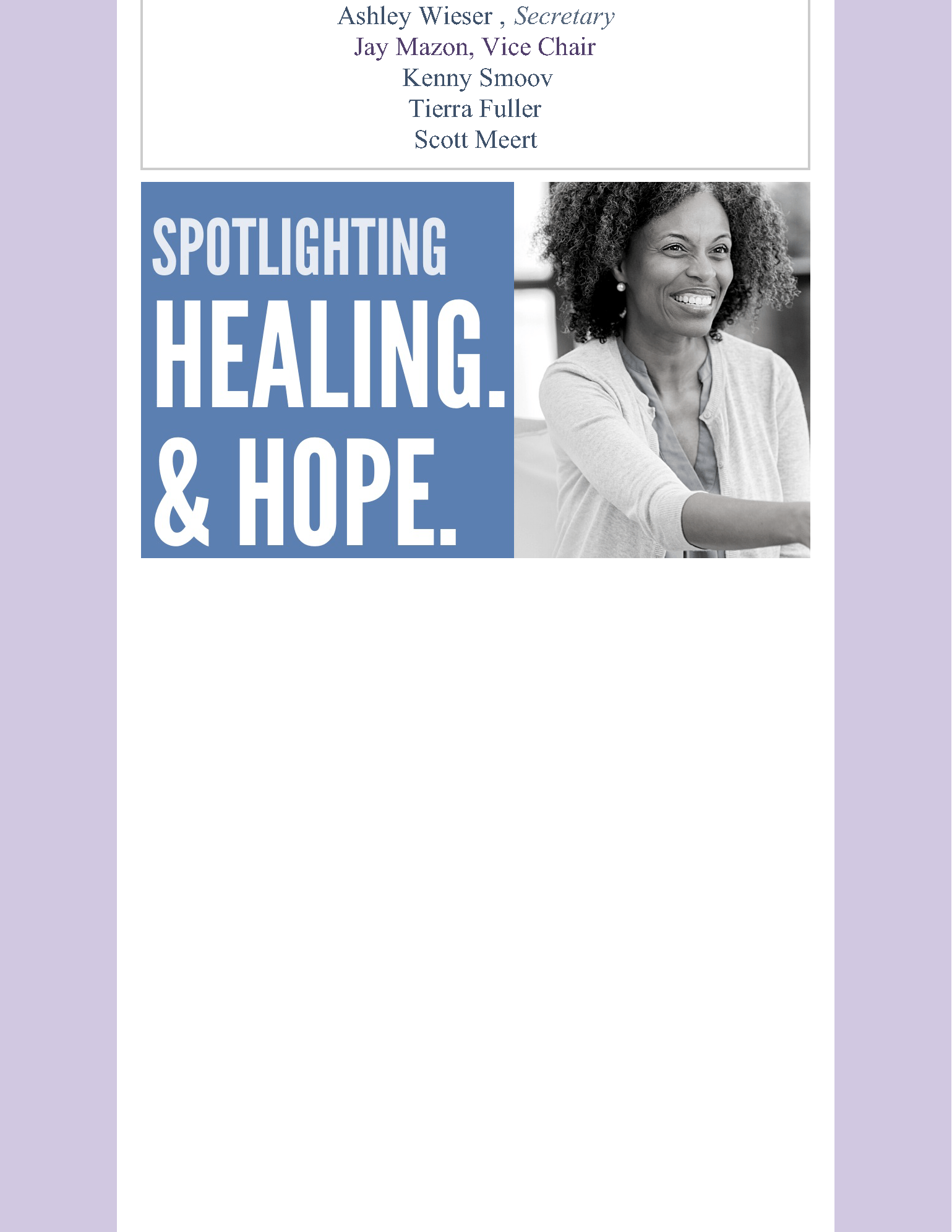 A black and white photo of a woman with the words `` spotlighting healing and hope ''.