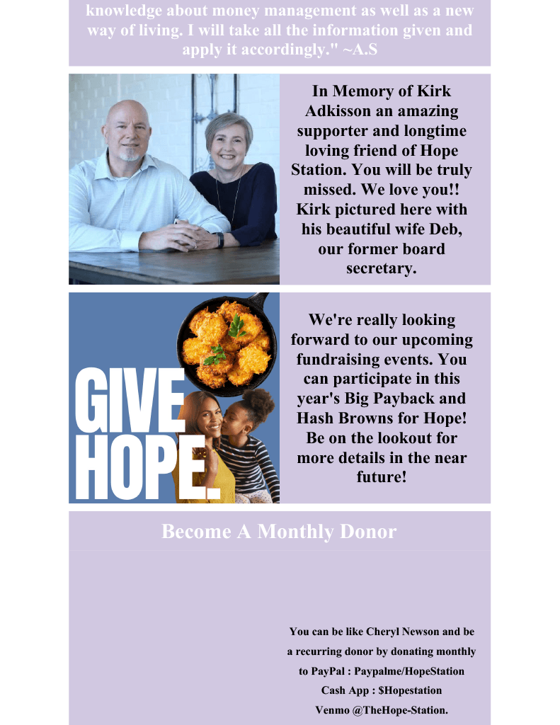 A man and woman are sitting at a table with a sign that says give hope.