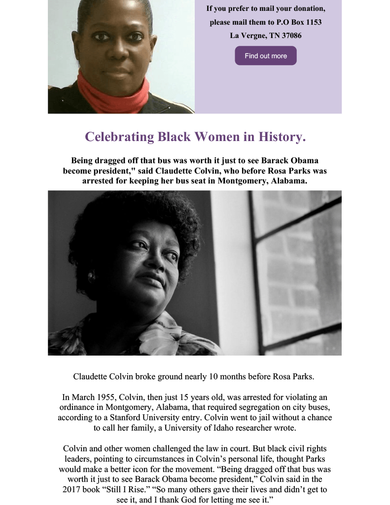 A purple page with a picture of a woman and text celebrating black women in history.