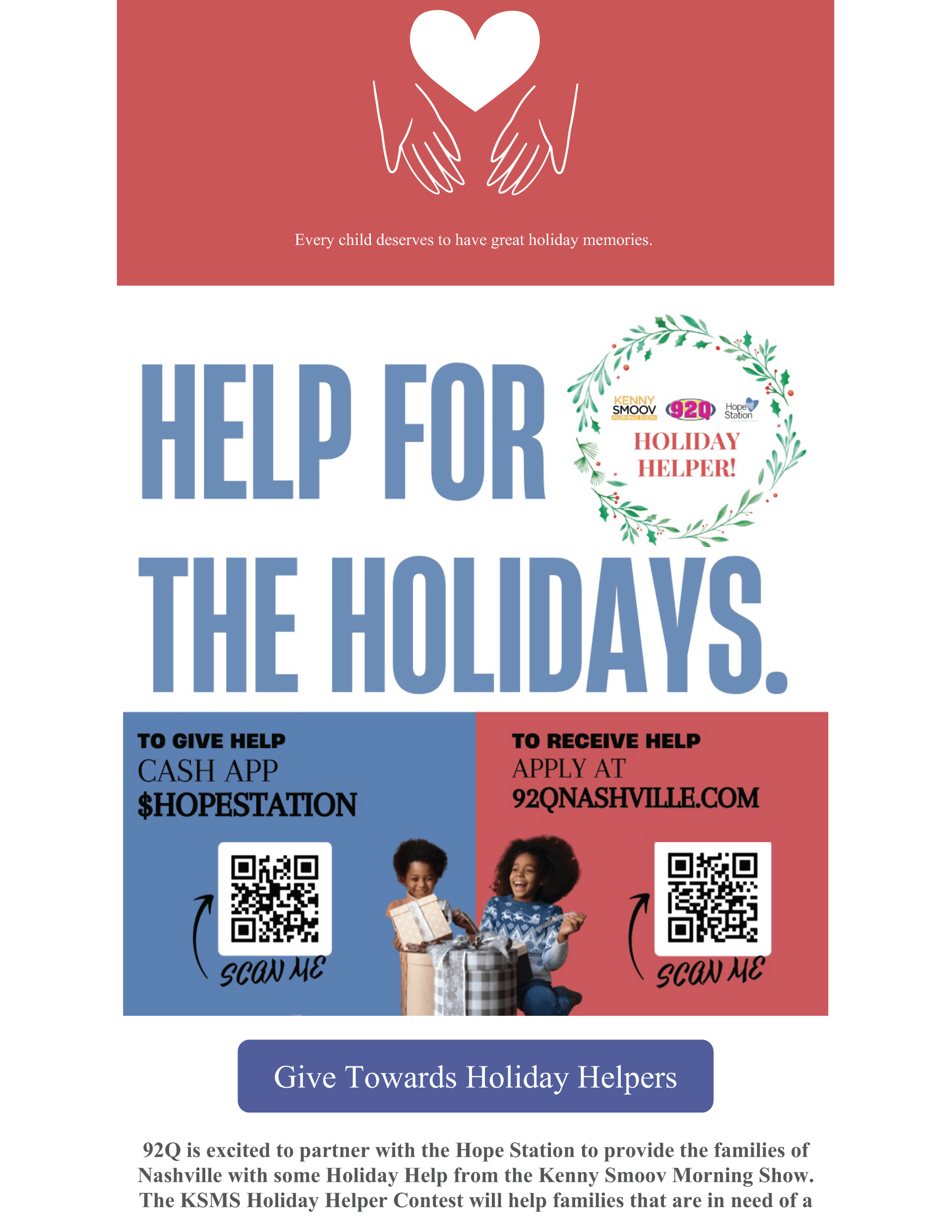 A poster that says help for the holidays on it