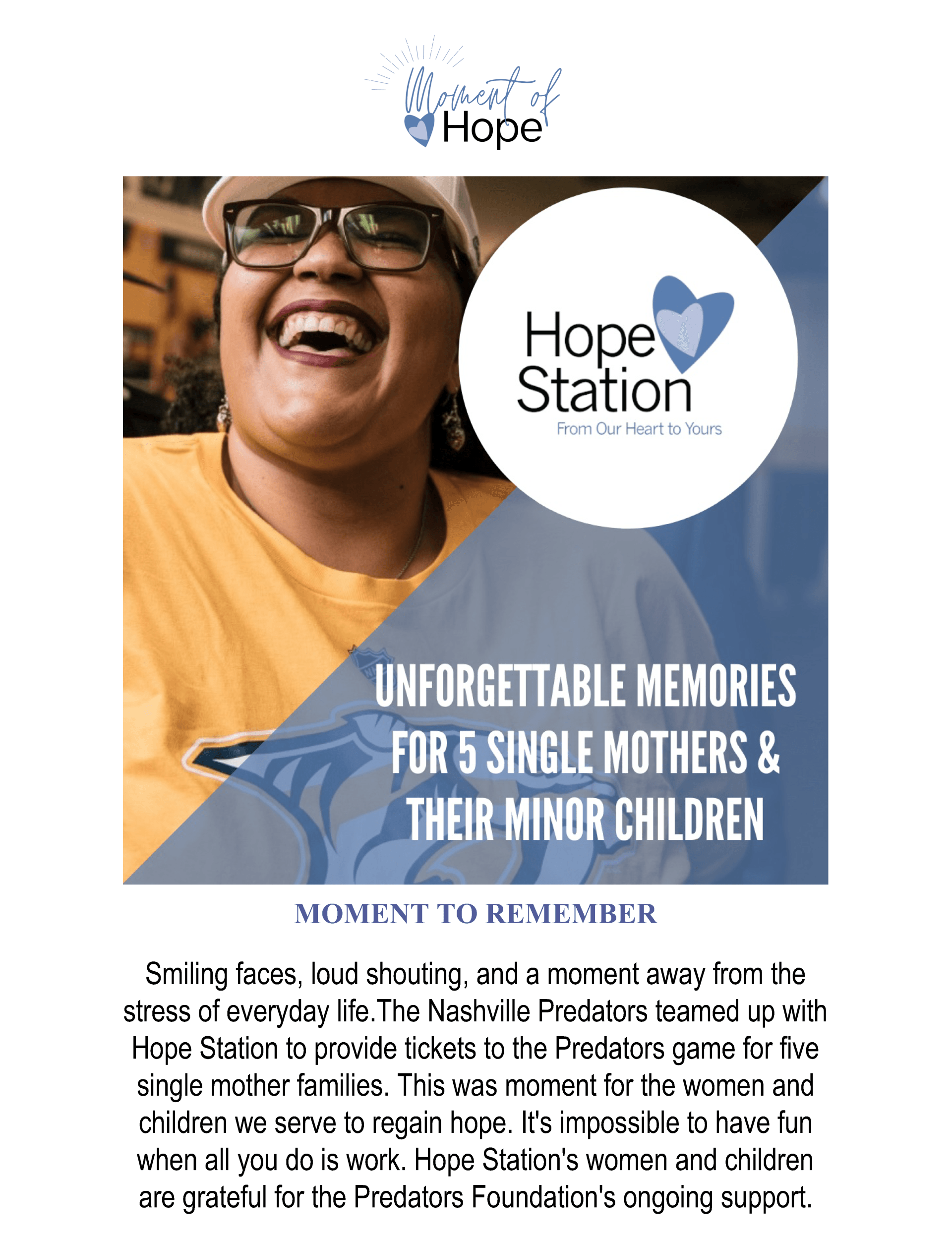 A woman is laughing on a poster for hope station.