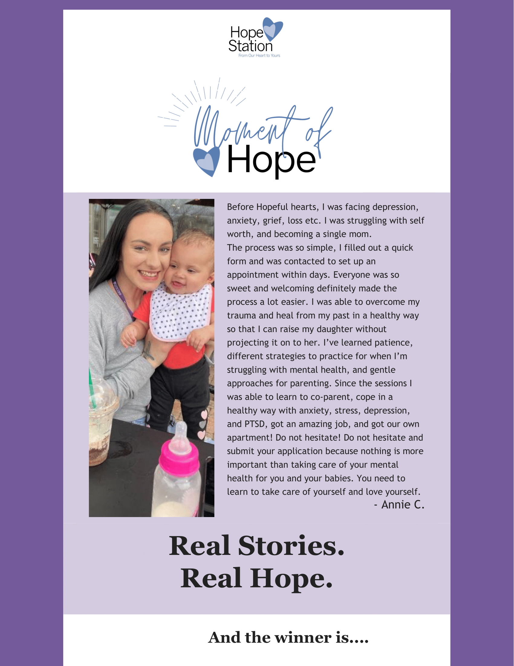 A purple poster with a woman holding a baby and the words real stories real hope