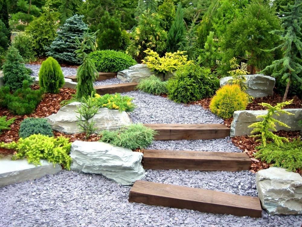 A path in a garden with wooden steps surrounded by rocks and plants.