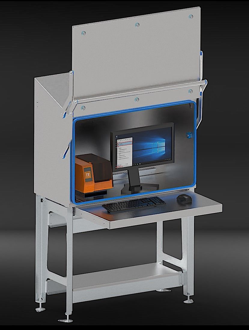 Edelstahlgehäuse für Computer und Etikettendrucker in Produktionsumgebung mit Feuchtigkeit und Reinigung
