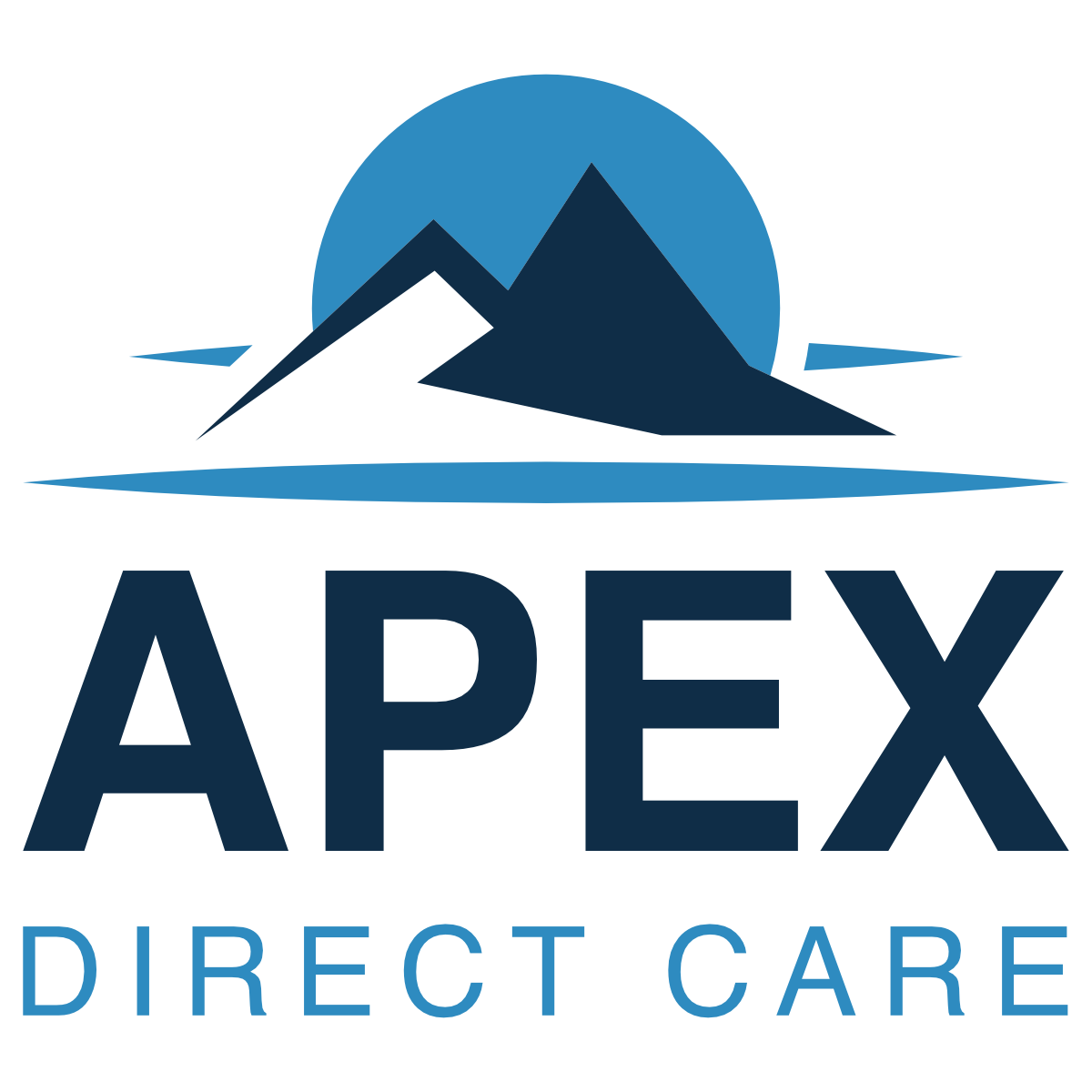 A logo for apex direct care with a mountain in the background