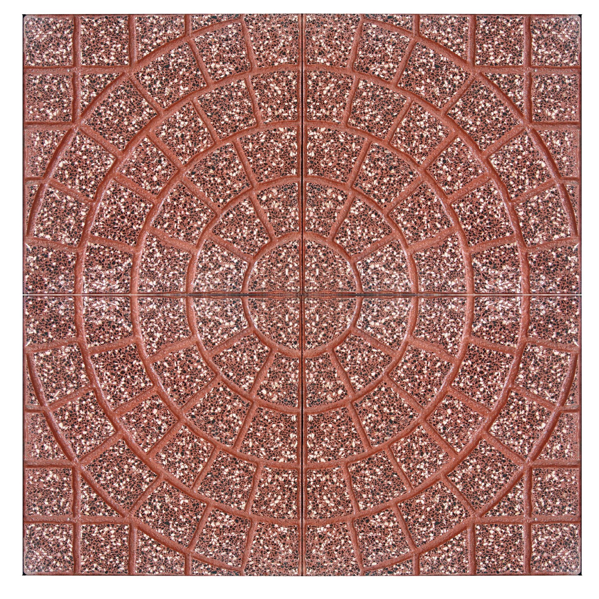 Quattro piastrelle quadrate che formano un motivo circolare rosso-marrone con diverse texture e forme.