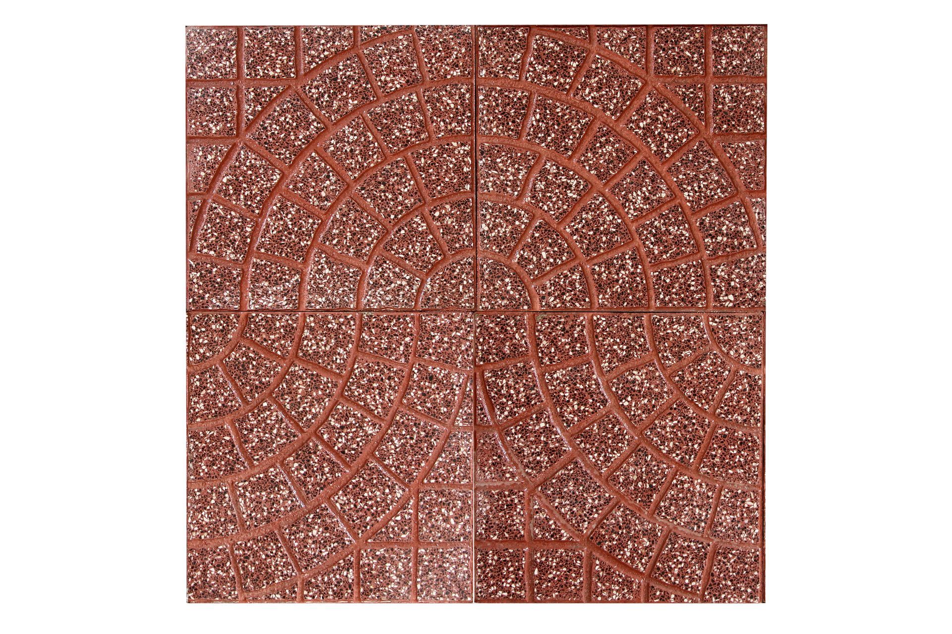 Piastrelle quadrate di colore rosso-marrone disposte in un motivo circolare con una trama punteggiata.