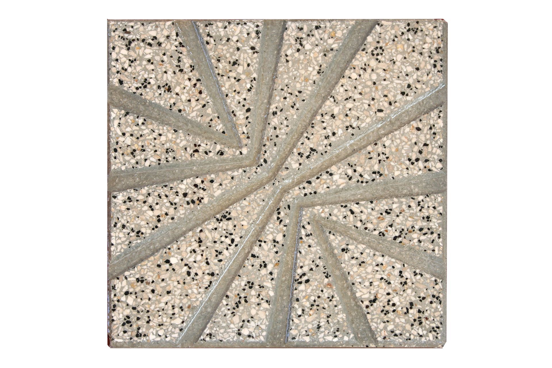 Piastrella quadrata con sfondo beige screziato, segmentato da linee grigie che formano un motivo geometrico.