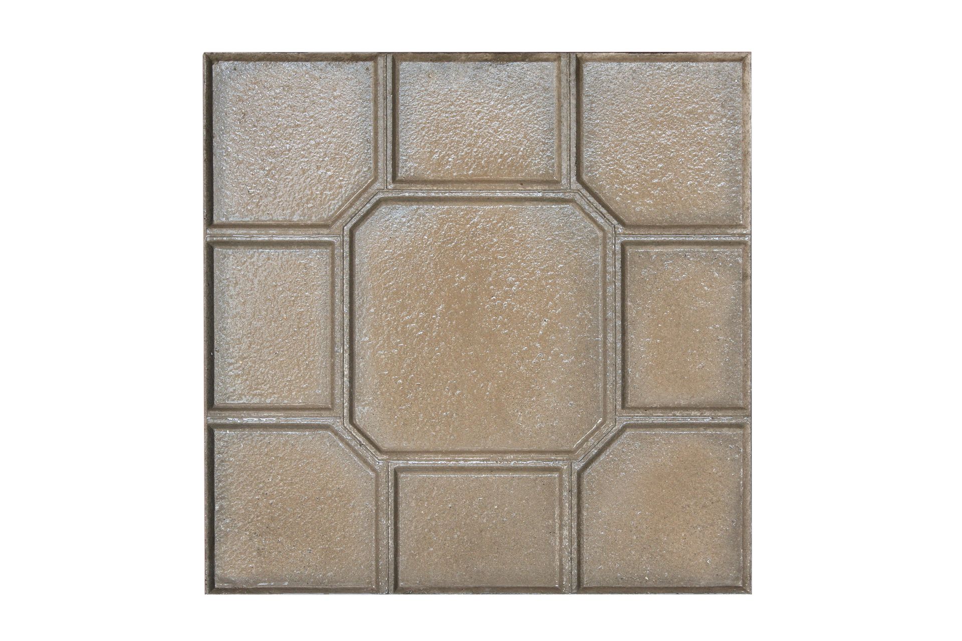 Pavimentazione in cemento squadrata con sezione centrale ottagonale, circondata da sezioni rettangolari e curve, nelle tonalità del marrone e del grigio.