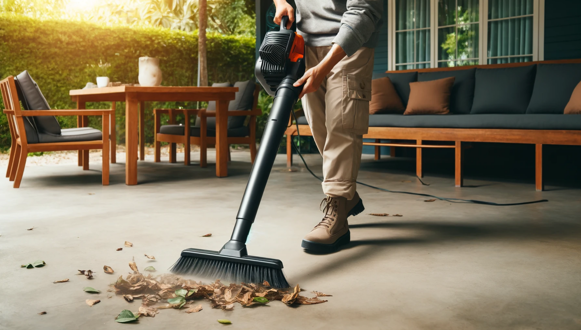 Person cleaning patio (Image of a person using a broom or leaf blower on a concrete patio