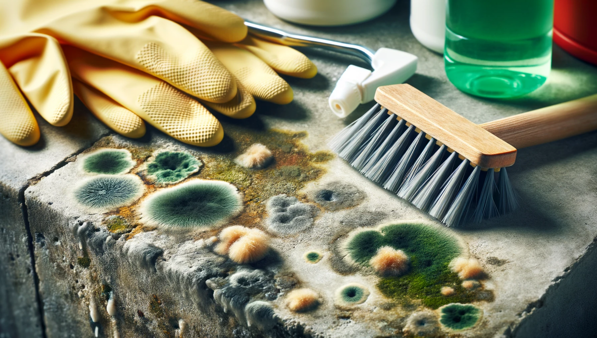 Photo of mold and mildew on a concrete surface with cleaning tools nearby