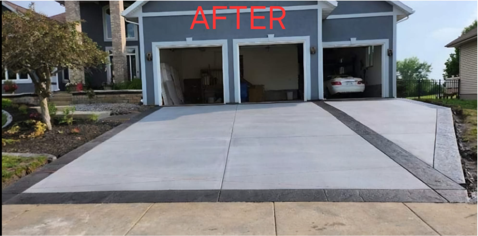 Renovated concrete driveway, fully redone with broom finish