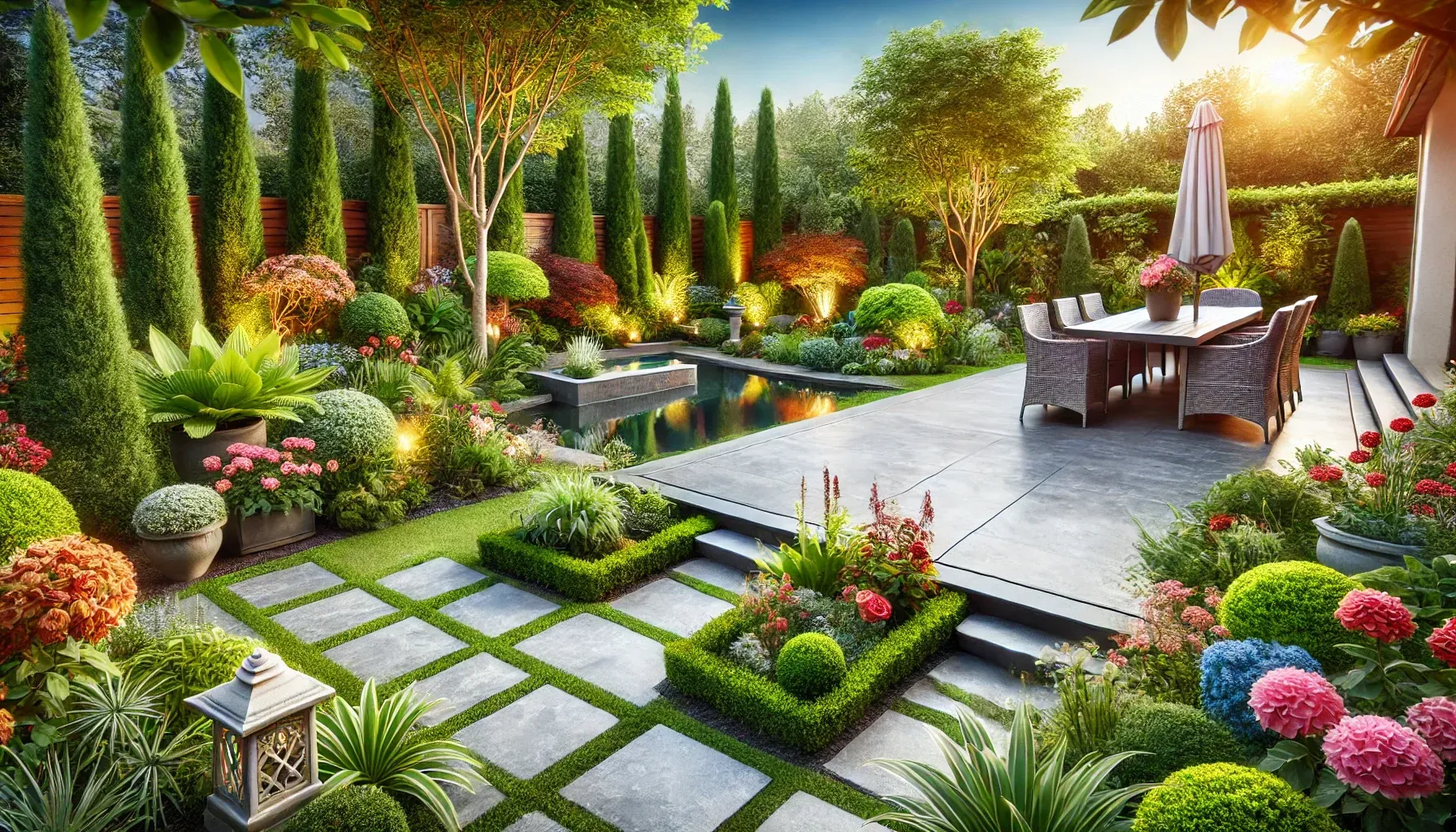 A lush green garden with a table and chairs in the middle of it with concrete.