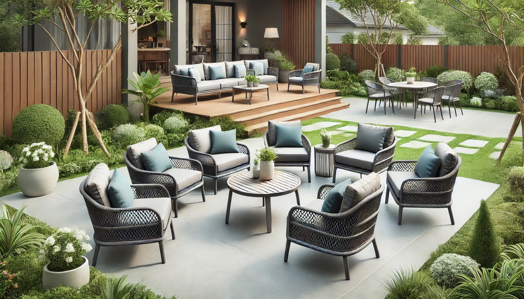 A patio with a lot of furniture and a table in the backyard of a house.