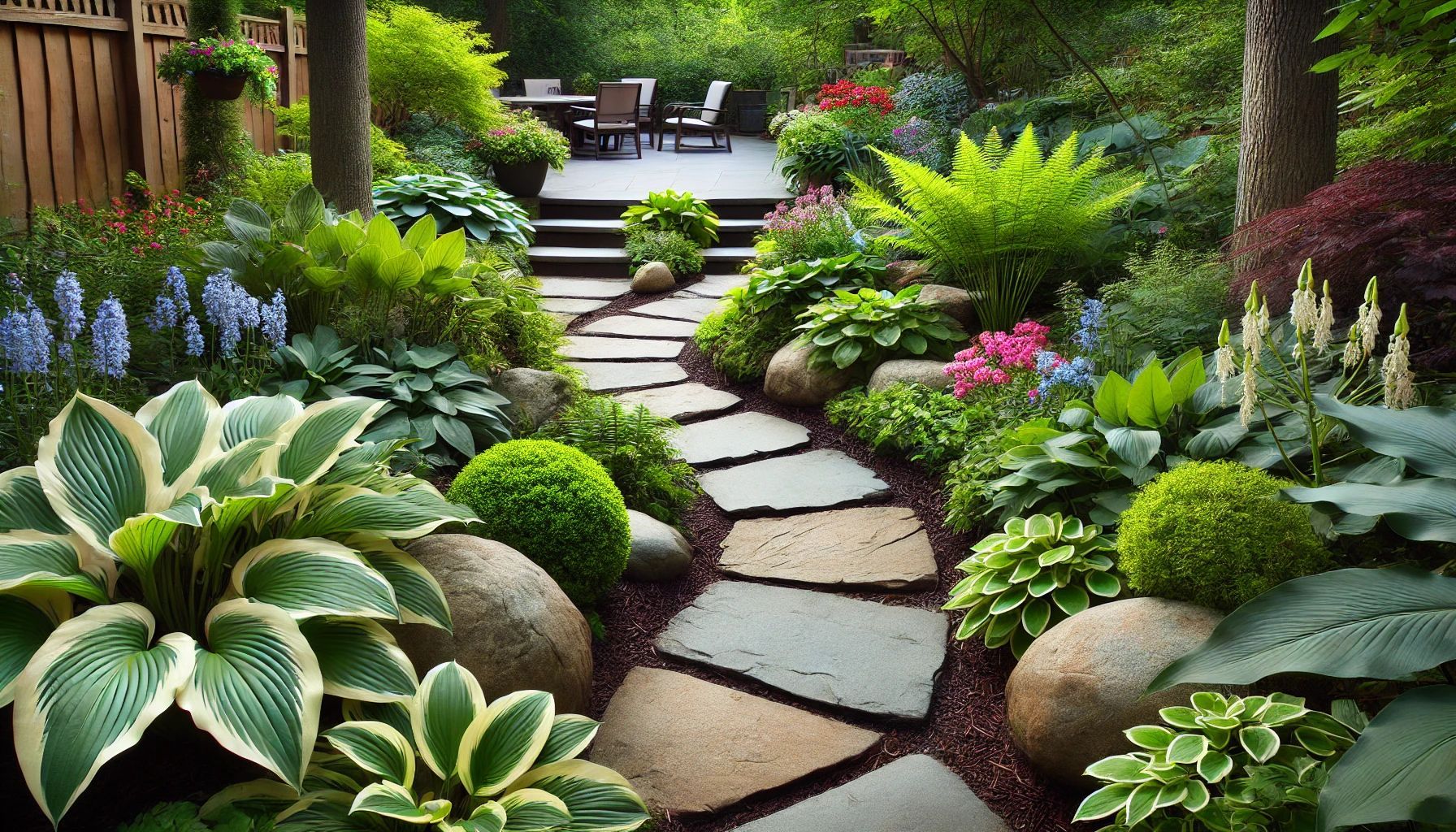 A stone walkway leading to a patio in a garden surrounded by plants and rocks.