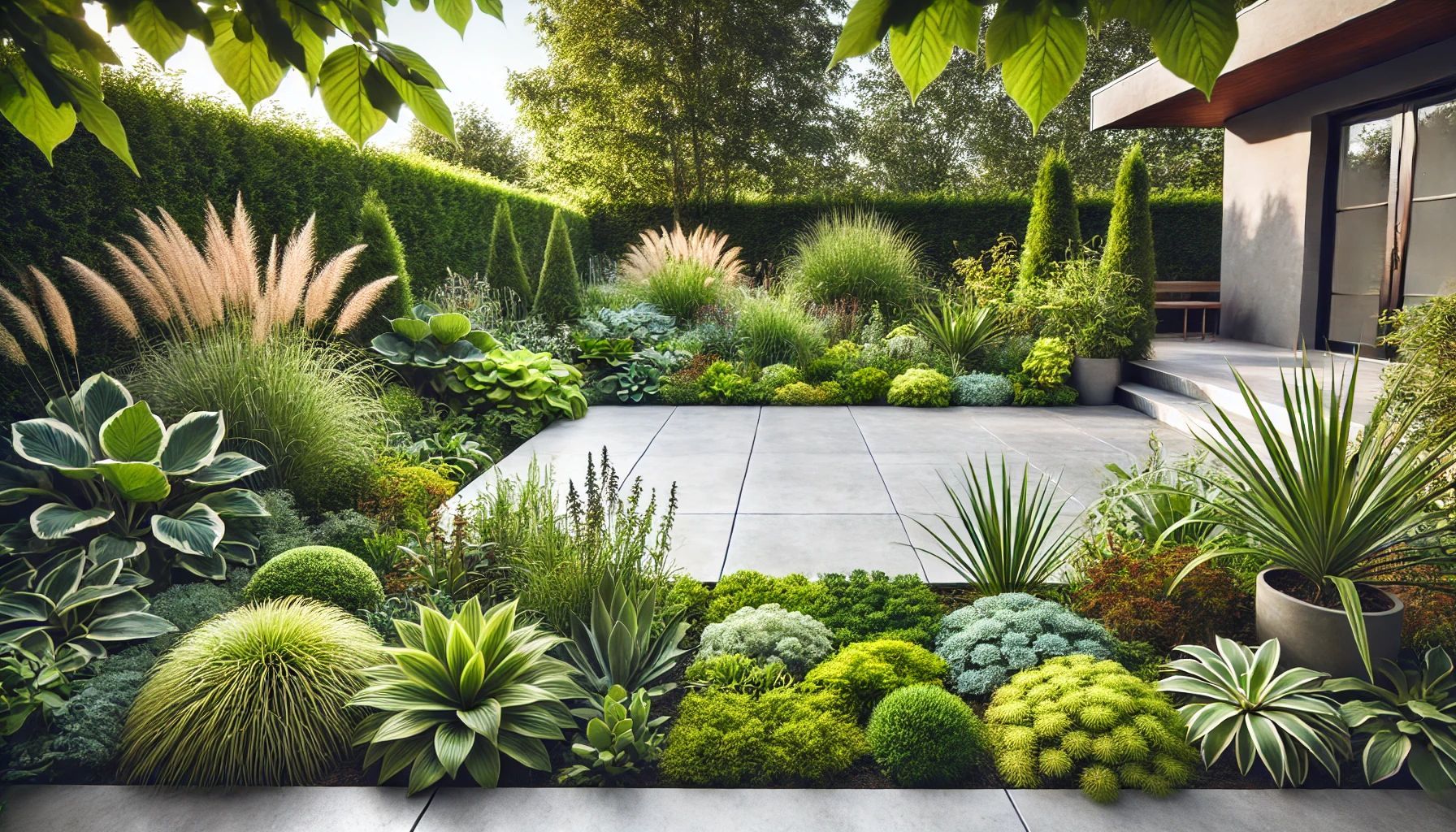 Concrete patio with lush greenery surrounding it. 