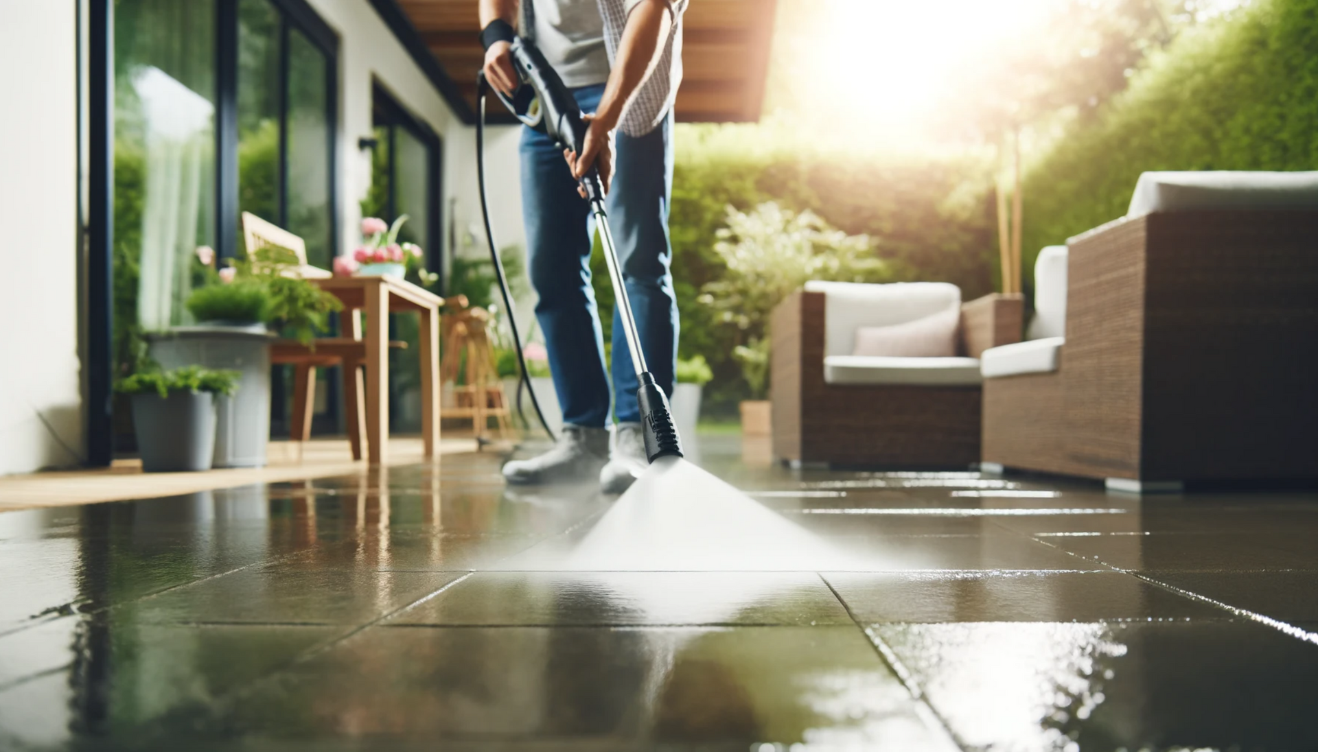 Image of pressure washing concrete patio