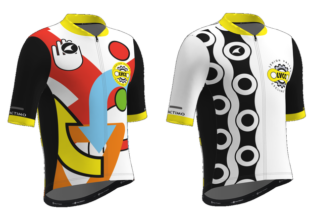 Two cycling jerseys: one colorful abstract design, one black and white chain pattern.