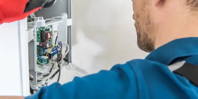 a man is working on a boiler with a screwdriver .