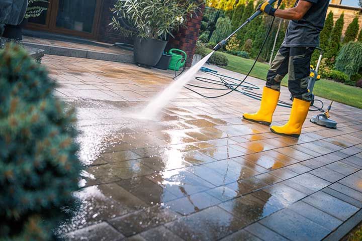 Man Cleaning Patio With Pressure Washer on a Sunny Day in a Well-Maintained Garden