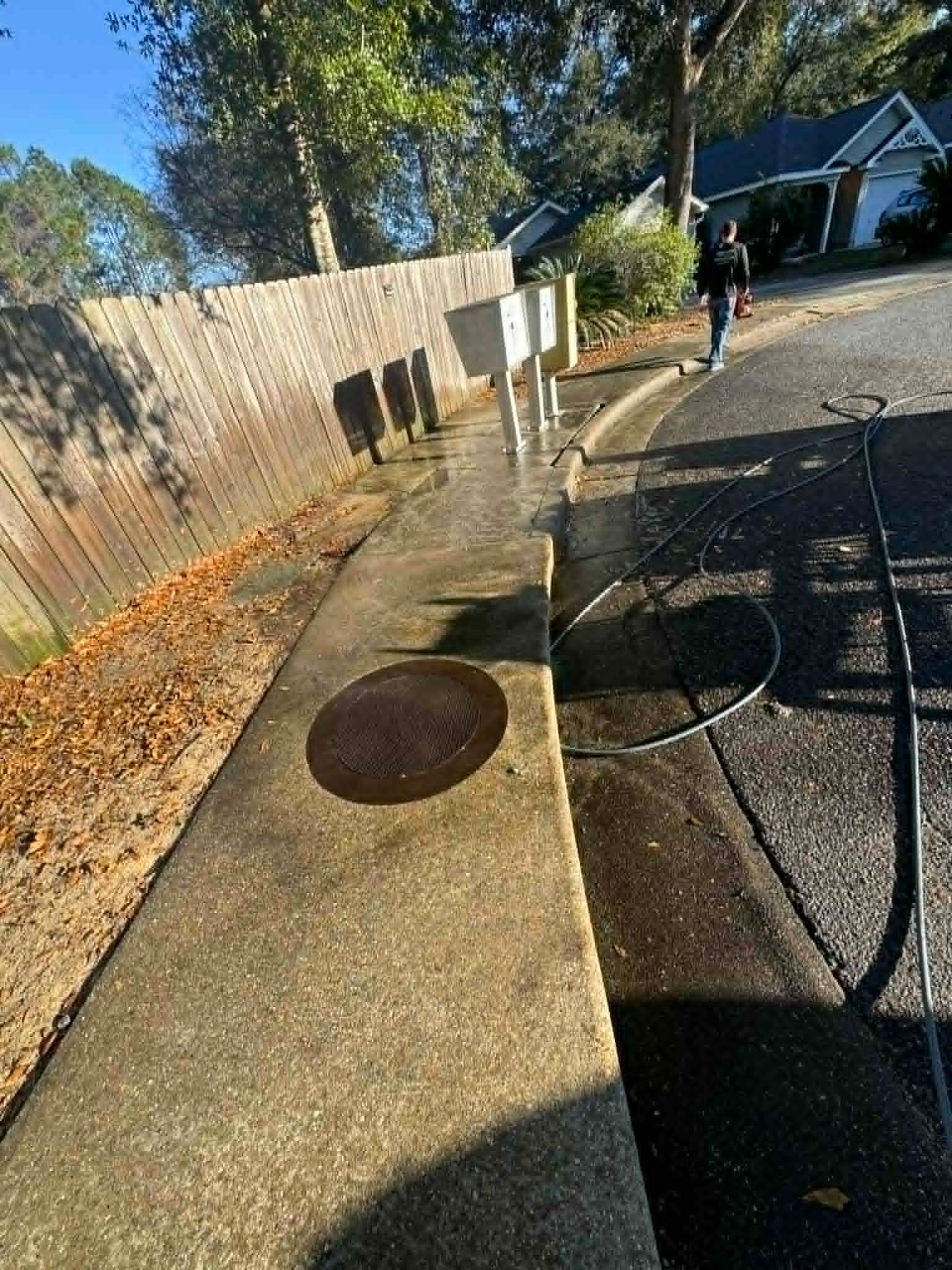 Sidewalk being cleaned with pressure washer by a person near mailboxes and fence on a sunny day.