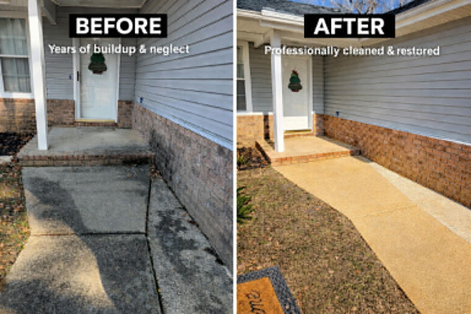 Before and after of a house's dirty and pressure washed cleaned walkway and brickwork. Gray siding. Beige concrete. Before: dark. After: bright.