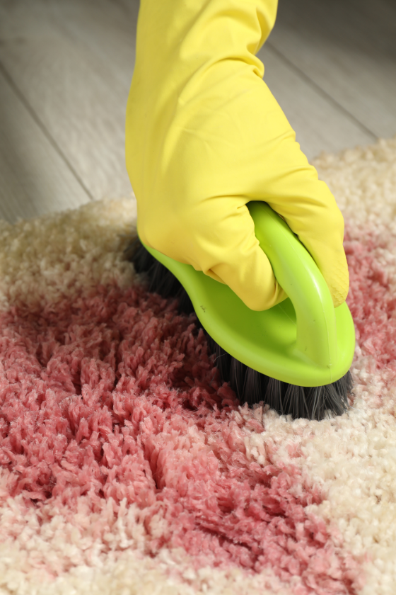 A person wearing yellow gloves is cleaning a pink carpet with a green brush.