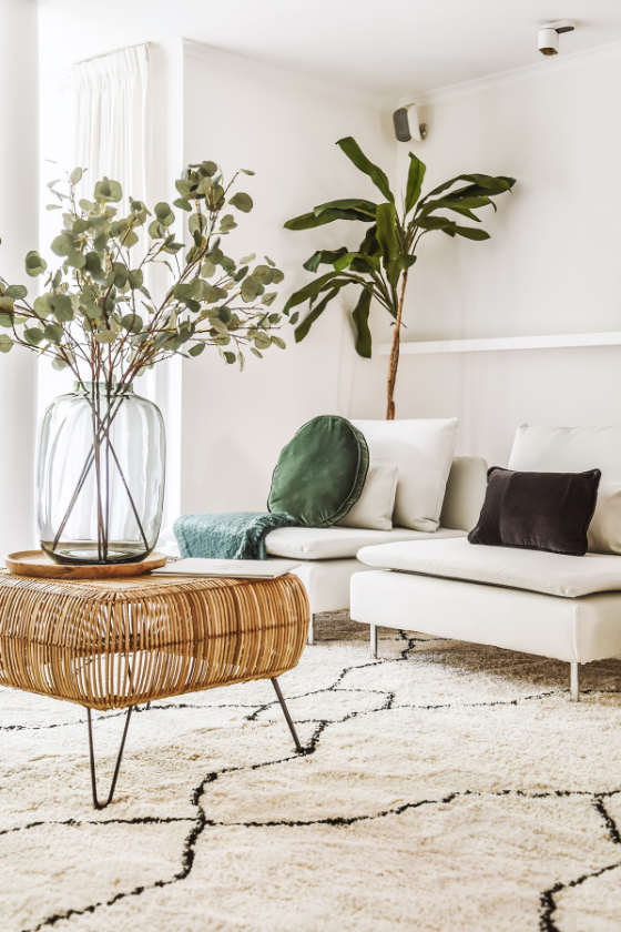 A living room with a couch , coffee table , and rug.