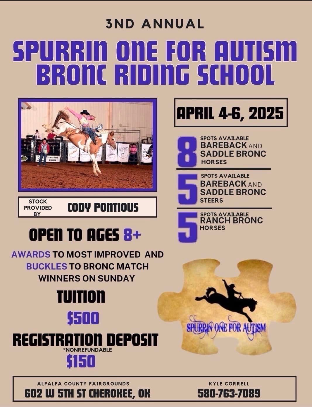 A poster for the 3rd annual spurrin one for autism bronc riding school