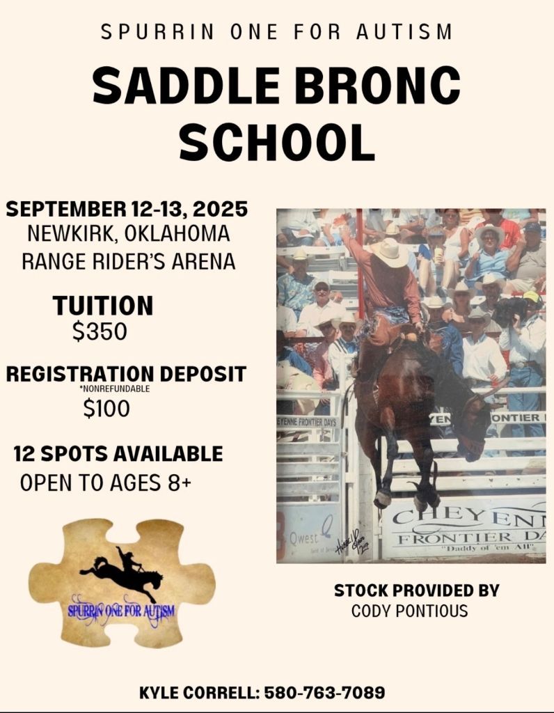 A poster for a saddle bronc school with a picture of a man riding a horse.