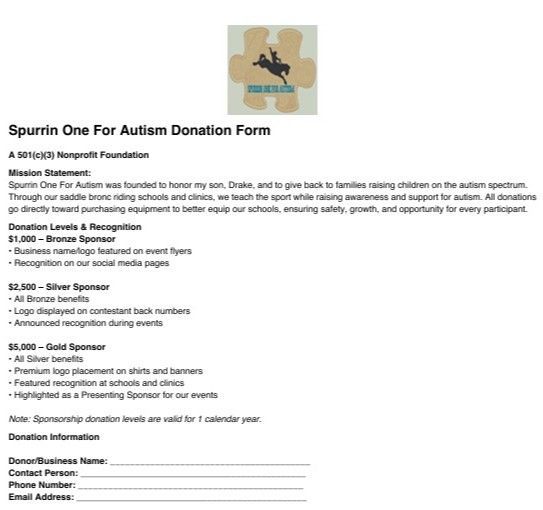 Donation form for Spurrin One For Autism, a nonprofit. Includes donation levels, mission statement and sponsor benefits.