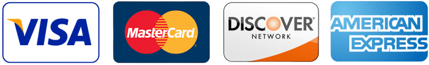 Logos for Visa, Mastercard, Discover, and American Express credit cards.