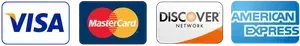 Visa, Mastercard, Discover Network, and American Express payment logos on a white background