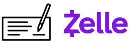 Icons of cash, a check being written, and the Zelle logo.