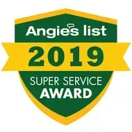 Angie’s List 2019 Super Service Award shield logo in green, yellow, and white