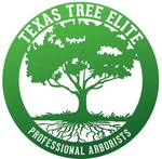 Green circular logo with a tree silhouette and roots, reading &ldquo;Texas Tree Elite&rdquo; and &ldquo;Professional Arborists.&rdquo;
