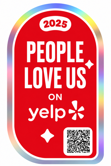 2025 red Yelp sticker reading “People Love Us,” with blue border and QR code