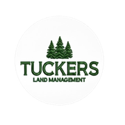 Logo for Tucker's Land Management: green text and pine trees on a white circle.