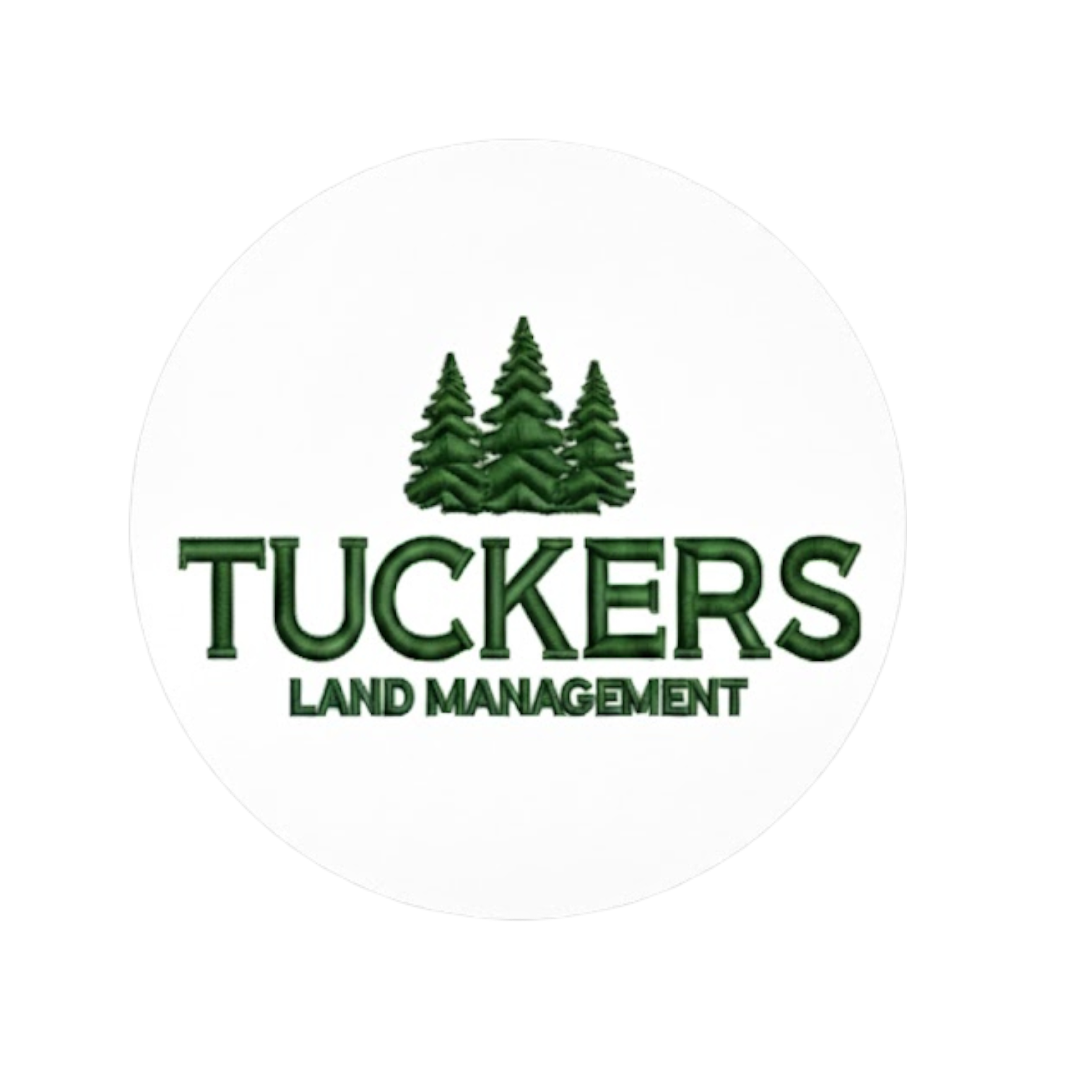 Logo for Tucker's Land Management: green text and pine trees on a white circle.