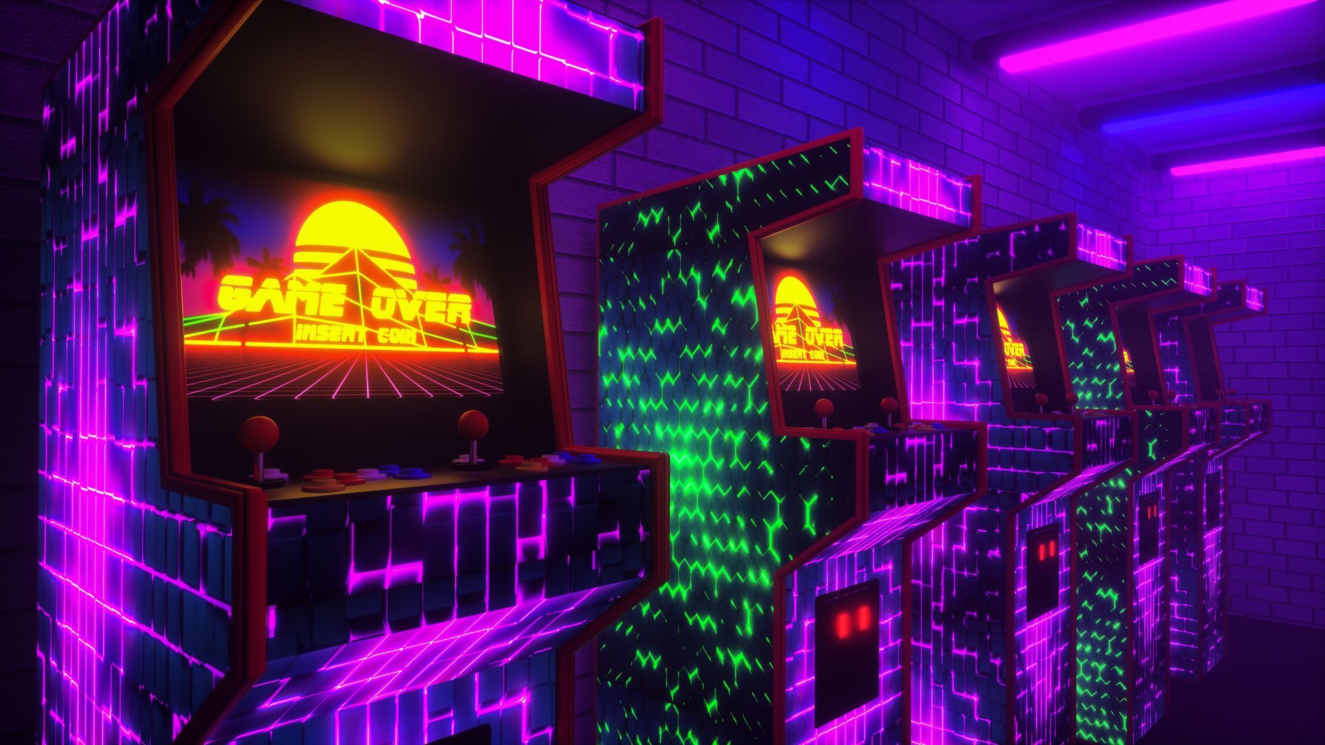 A row of neon lit arcade games in a dark room.