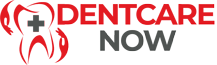 Logo for "DENTCARE NOW" featuring a red stylized tooth with a grey cross inside, cradled by two hands in red.