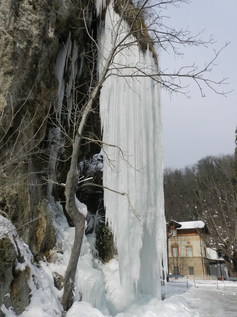 Grande cascata di ghiaccioli su una parete rocciosa con un albero spoglio di fronte; sullo sfondo è visibile un edificio.