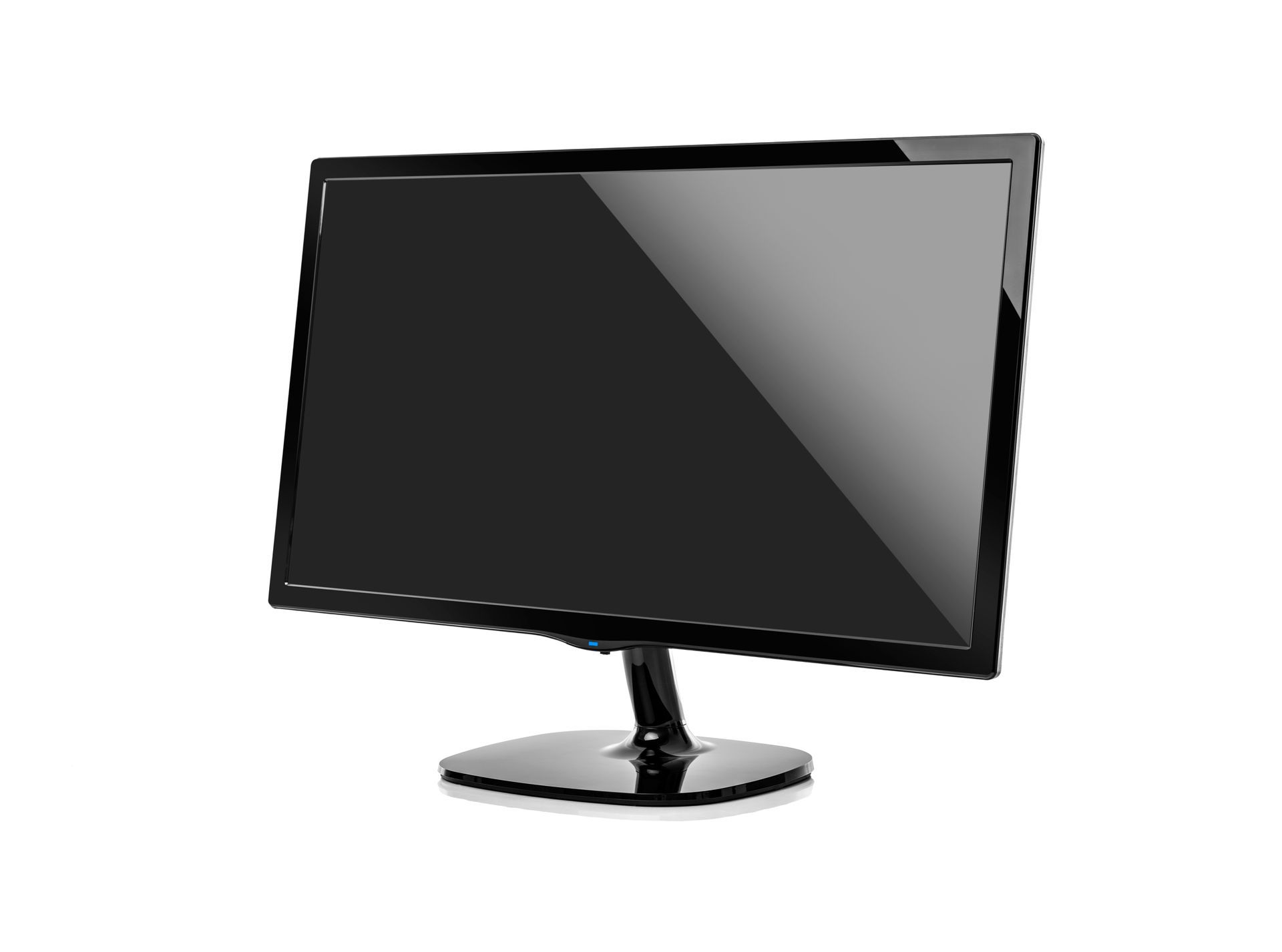 Black computer monitor on a stand, angled slightly against a white background.
