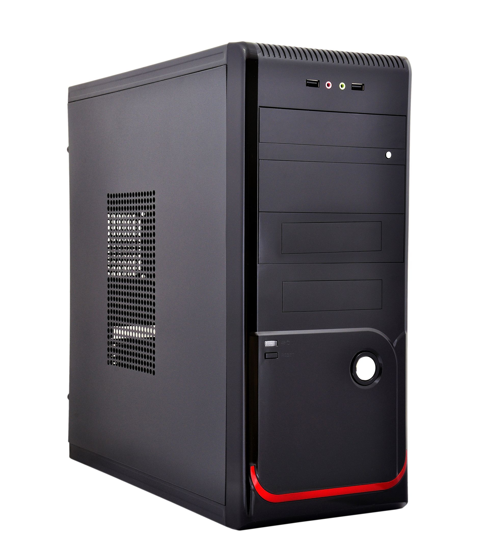 Black computer tower with red accents on a white background.