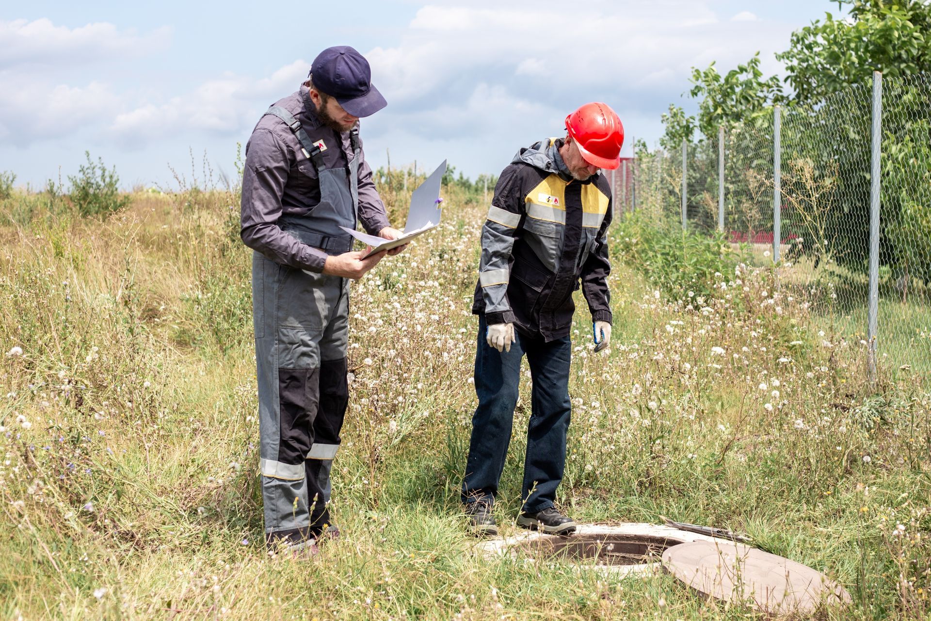 Two workers in safety gear inspect a roadside manhole in a grassy field.