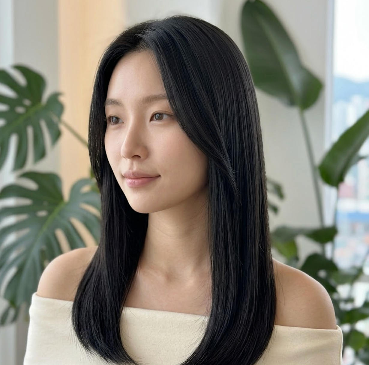 A woman with short black hair is leaning on a white box