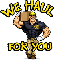 Strong worker holding a box, surrounded by